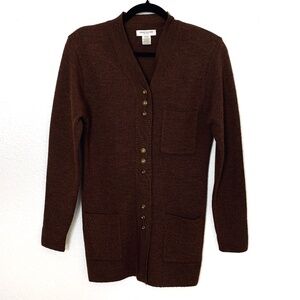 Vintage Jones New York Cardigan Size PETITE Small Chocolate Brown 100% Lambswool